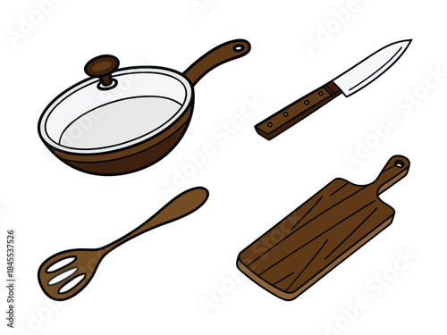 Vector illustration of kitchen utensils. frying pan with lid, chef knife, slotted spoon, and wooden cutting board. Cooking, culinary concept.