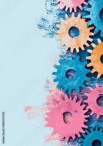 Colorful gears on a textured, light blue background, symbolizing teamwork and innovation. The gears create a visually engaging pattern with their vibrant colors.