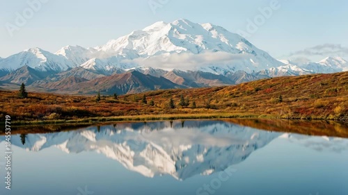 Denali’s snow-capped peak towers over wonder lake, its mirror reflection framed by vibrant autumn tundra foliage under a clear blue sky in denali national park