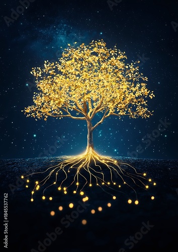 A golden tree illuminated against a starry night sky, with roots glowing