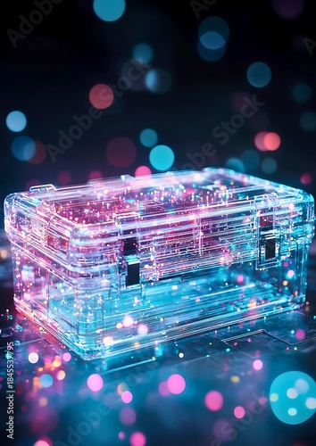 Abstract digital art of a transparent tech box with vibrant, glowing lights, evoking a futuristic and high-tech feel. This image showcases a complex network of data within a contained form