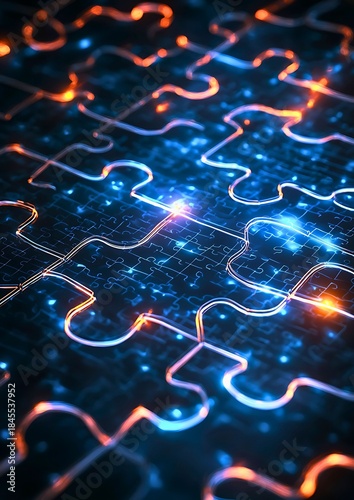 A detailed view of a glowing puzzle highlighting interconnectedness, ideas and problem-solving