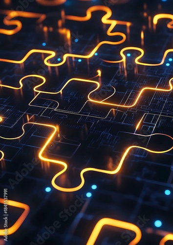 An abstract digital image of glowing puzzle pieces against a dark background, symbolizing connection and problem-solving