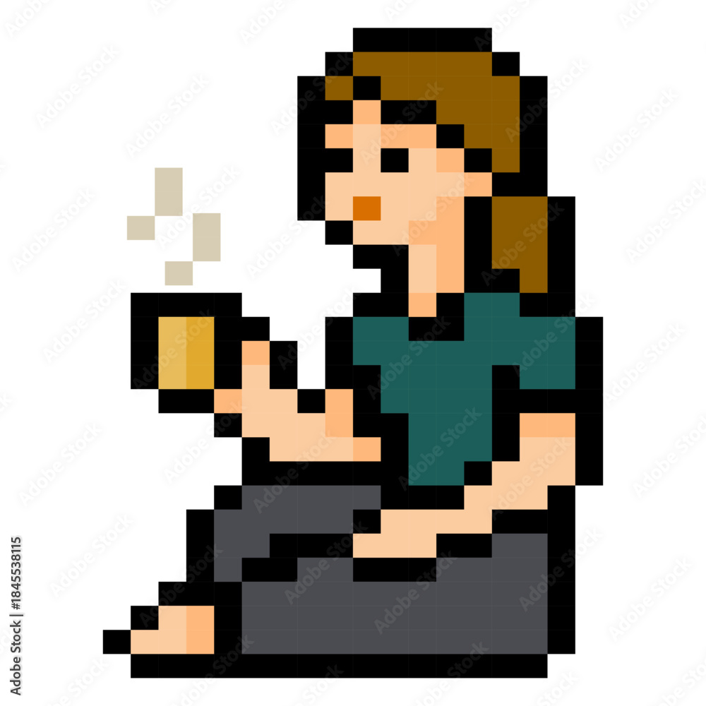 Fototapeta premium Pixel Woman Drinking Hot Coffee