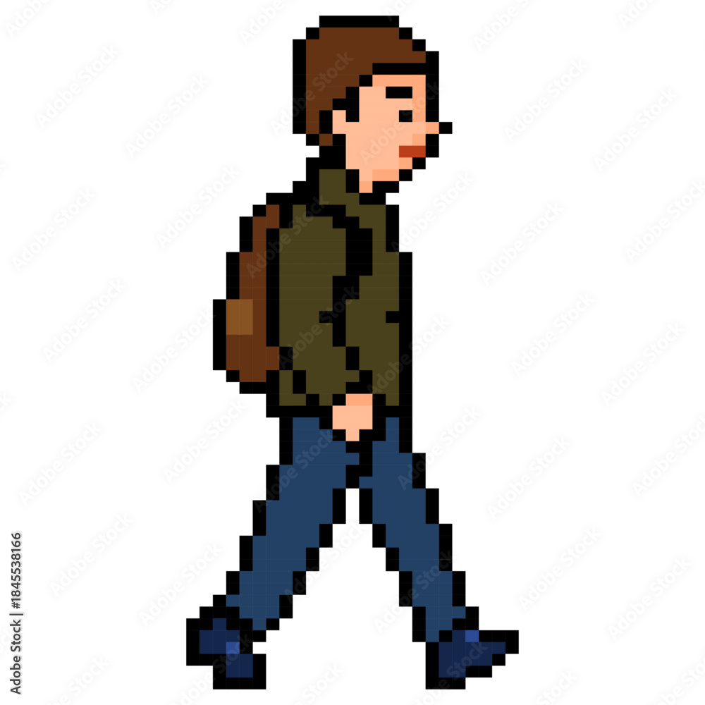 Fototapeta premium Pixel Man Backpack Walking Illustration