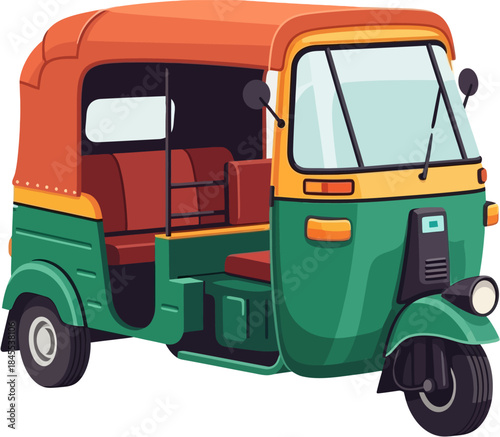 Indian Auto Rickshaw Vector Illustration, Traditional Three Wheeler Urban Transport Vehicle In South Asia