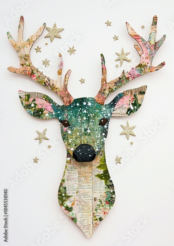Artistic Deer Head decorated with stars and a floral pattern, a stunning decoration for an interior space