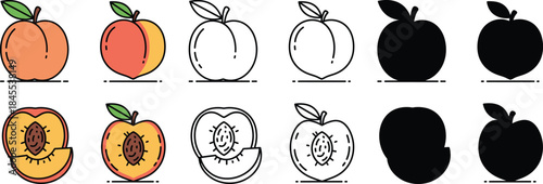 Colorful and black and white peach and apple with cut sections fruit