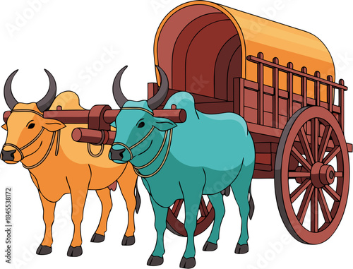 Bullock Cart Vector Illustration, Traditional Indian Animal Drawn Vehicle For Rural Transport And Agriculture