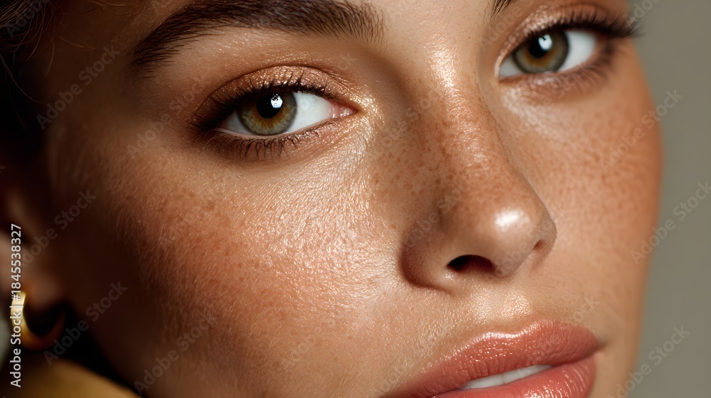 Naklejka premium Natural beauty close-up portrait of young woman with freckles and glowing skin