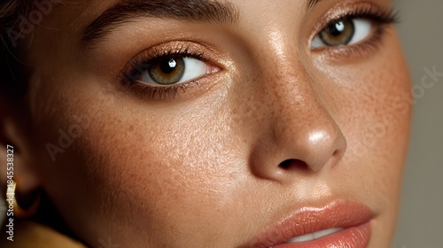 Natural beauty close-up portrait of young woman with freckles and glowing skin