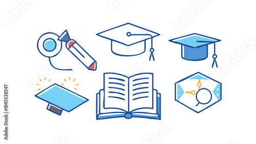 Isolated a kinds of different graduation, cap, hat, education, student, school, university, diploma, graduate, college, book, icon, vector art with white background. vector icon