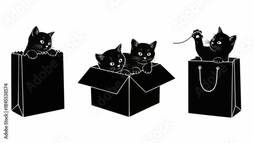 Three playful black kittens peeking out of shopping bags and a cardboard box.