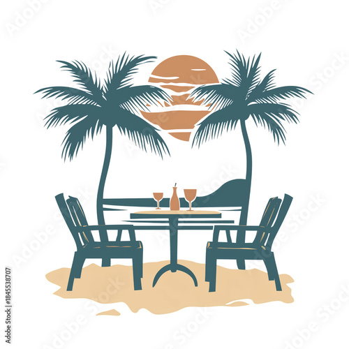 Enjoying Drinks at a Beachside Table With Palm Trees and Sunset View Over the...