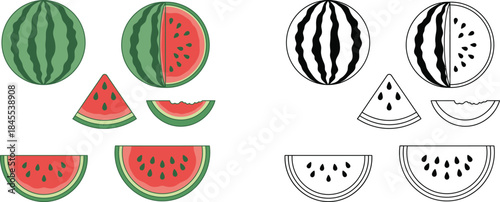 Colorful and black and white watermelon in various shapes and slices green