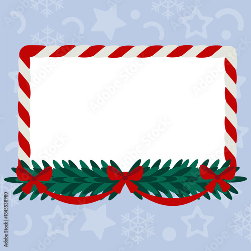 Festive rectangular Christmas frame with red and white stripes, decorated with pine garland, red bows, and ribbons. Frame illustration with blank space for holiday messages