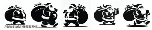 vector silhouette of santa claus walk carrying a bag of christmas gifts