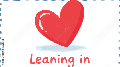 A large red heart leans in on white background with blue dashes