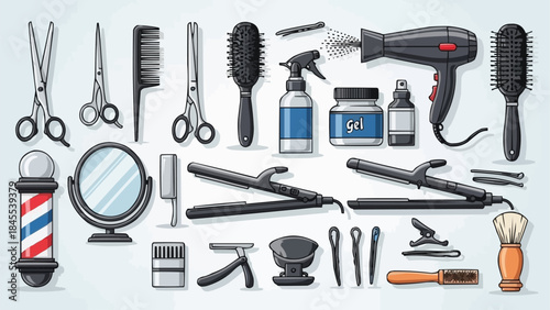 Collection of Barber Shop Tools and Equipment for Hair Styling.