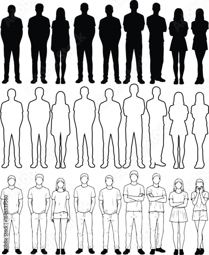Collection of diverse human silhouettes and line art figures