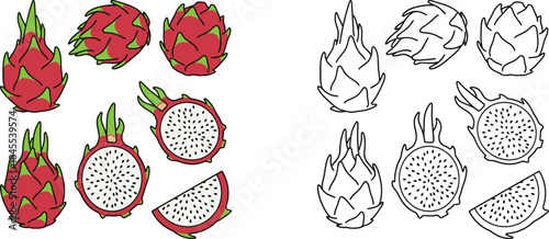 Colorful and monochrome dragon fruit with slices and seeds red dragon fruit green dragon fruit