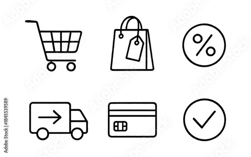 Set of six simple line icons representing online shopping and e-commerce services