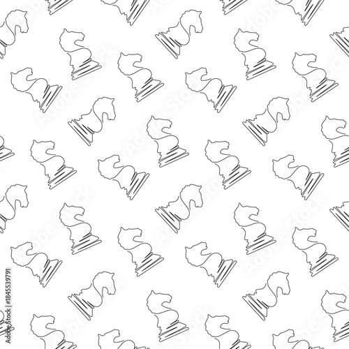 Seamless Continuous Line Art Pattern of Chess Knights. This backgrounds related to strategy, mental games, competition, equestrian themes and board games.