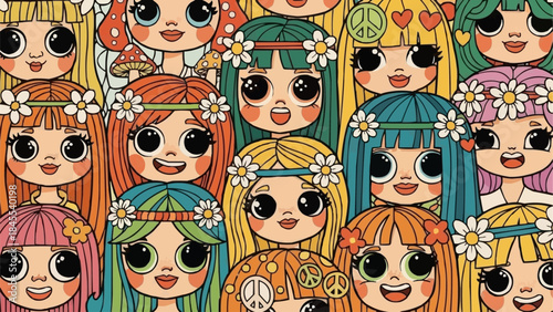 A vibrant collection of diverse young women with colorful hair and floral headbands.