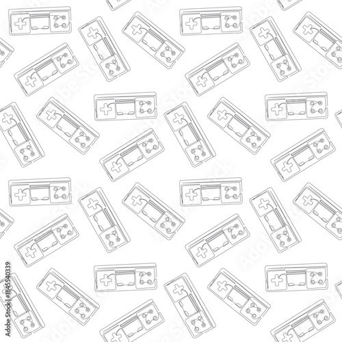 Seamless Continuous Line Art Pattern of Vintage Video Game Controllers. Single line art illustrations of video game controllers/joysticks pattern background.