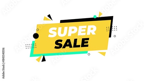 Modern super sale animated banner with bold typography and colorful geometric shapes, ideal for promotions, discounts, retail campaigns, and social media marketing videos.