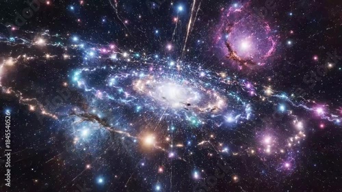A vibrant, colorful galaxy with a bright loop video technology neuron network swirling around its center, set against a deep black space background with a mesmerizing display of celestial