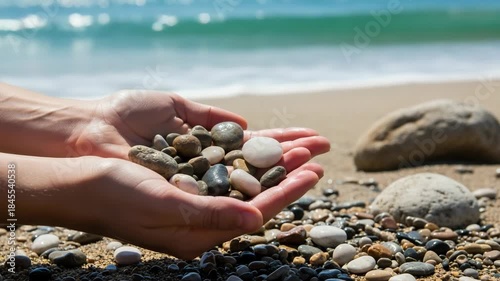 Female adult hands gently cupping smooth beach pebbles. A close up view of colorful stones collected from the shore, symbolizing peace and environmental care