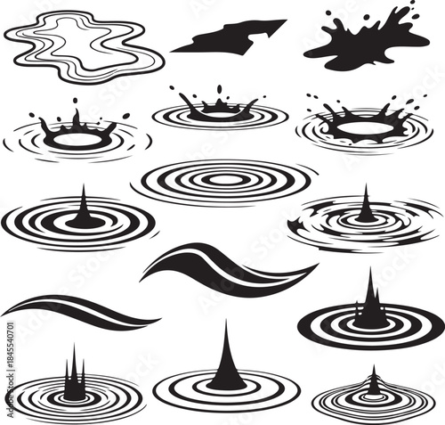 Dynamic water ripples and splashes in black