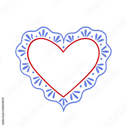 Hand drawn heart frame with summery, Portuguese vibe. Symbol of love. Maximalist trendy border or background. Whimsical card design for valentine day, birthday, wedding