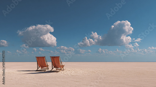 Two empty beach chairs on a sandy shore under a blue sky, conveying relaxation and tranquility