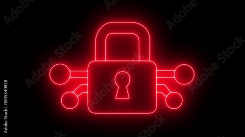 Abstract glowing neon security lock icon features a glowing, vibrant lock symbol with a subtle pulse, Scan and lock in purple theme.