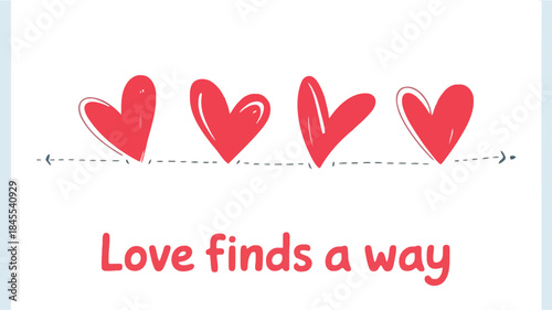 Four red minimalist illustration hearts on dotted line love finds way