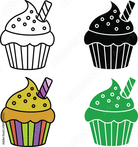 Colorful cupcakes with sprinkles and striped paper liners