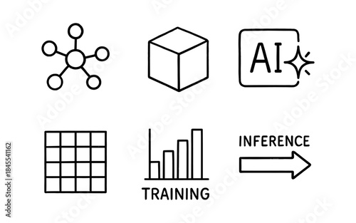 AI machine learning process icons including network, cube, training, and inference