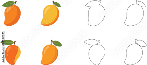 Colorful mango with outlines and solid colors fruit orange yellow green