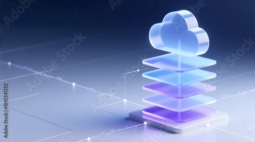 Business Cloud Diagram Visualization on the Right Side Showcases Vertical Data Cloud Layers of Transparent Stacked Platforms for Modern Enterprise Use and Cloud Architecture
