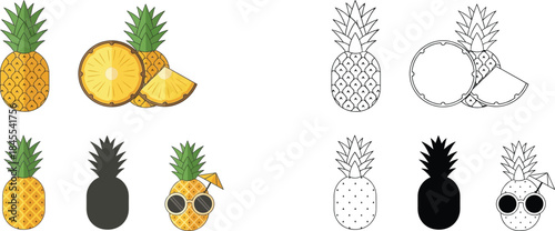 Colorful pineapple with slices and fun characters fruit green yellow
