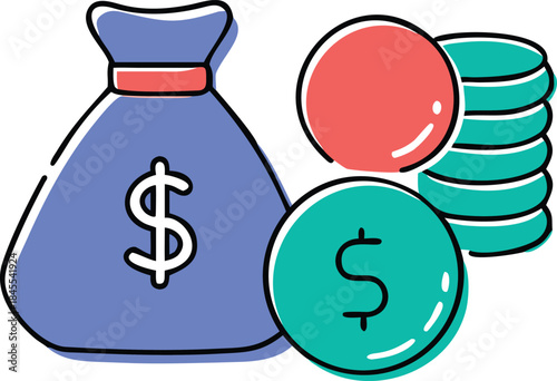 An illustration depicting a blue money bag with a dollar sign next to a stack of coins