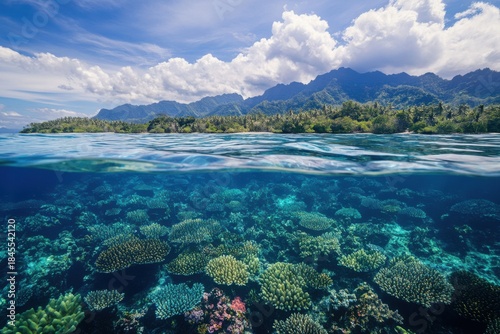 The clear blue ocean reveals vibrant coral formations below a tropical island shoreline under a bright sky.