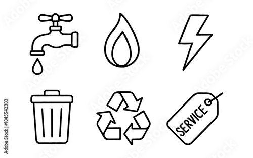 Set of six utility icons including water, fire, electricity, trash, recycling, and service