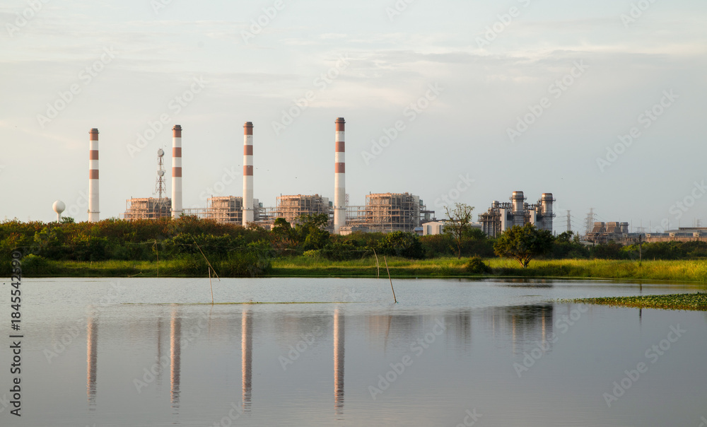 Fototapeta premium Combined Cycle Power Plant. Steam Turbine Modern Clean Power generator building. Large electricity industry.