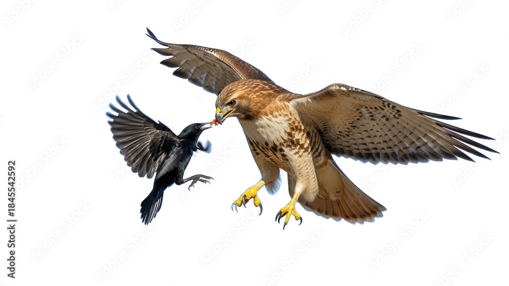 Obraz premium Hawk attacking a bird in flight isolated on transparent background