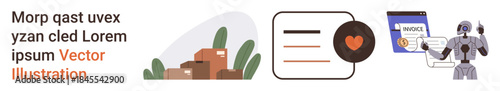 E-commerce, logistics, digital payments, AI automation, online purchases, order tracking. Boxes, payment form robot with invoice. E-commerce and logistics concepts portrayed clearly