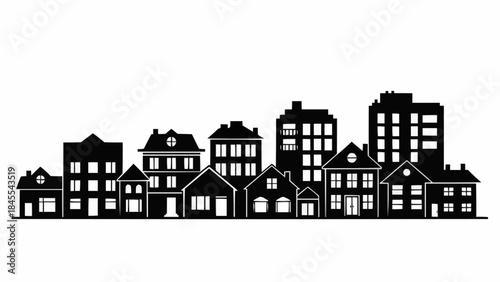 Silhouette of diverse buildings forming a city skyline.