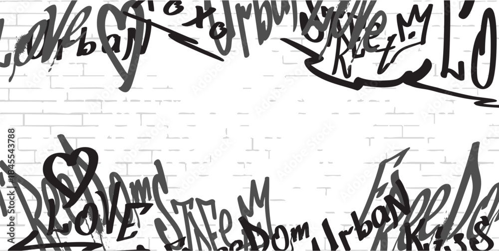 Obraz premium Spray painted graffiti text on vector border design, Love kiss, urban, xoxo, street words, black paint typographic frame